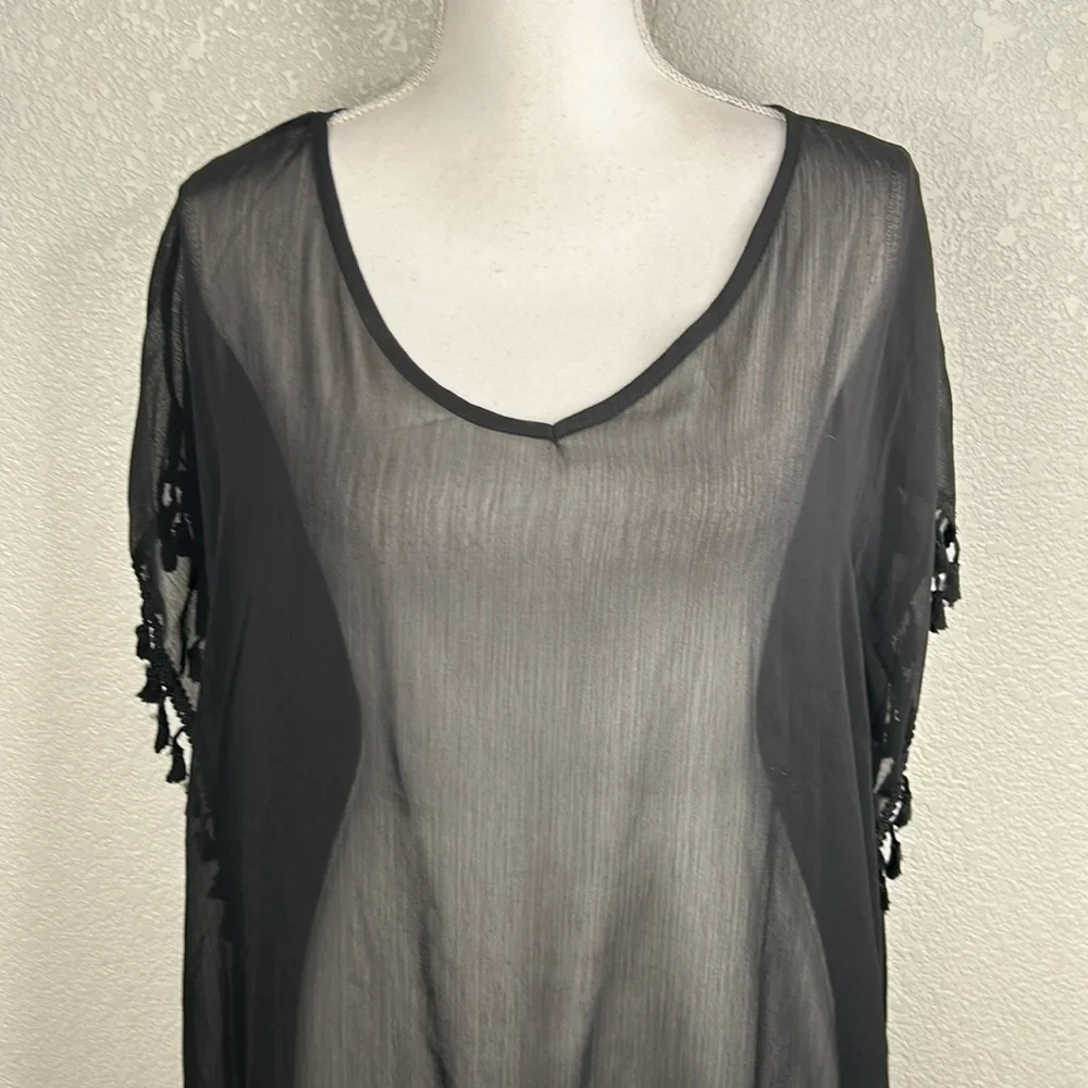 Boho Black Sheer Summer Cover-Up with Ball‎ Tassel Detail One Size New!